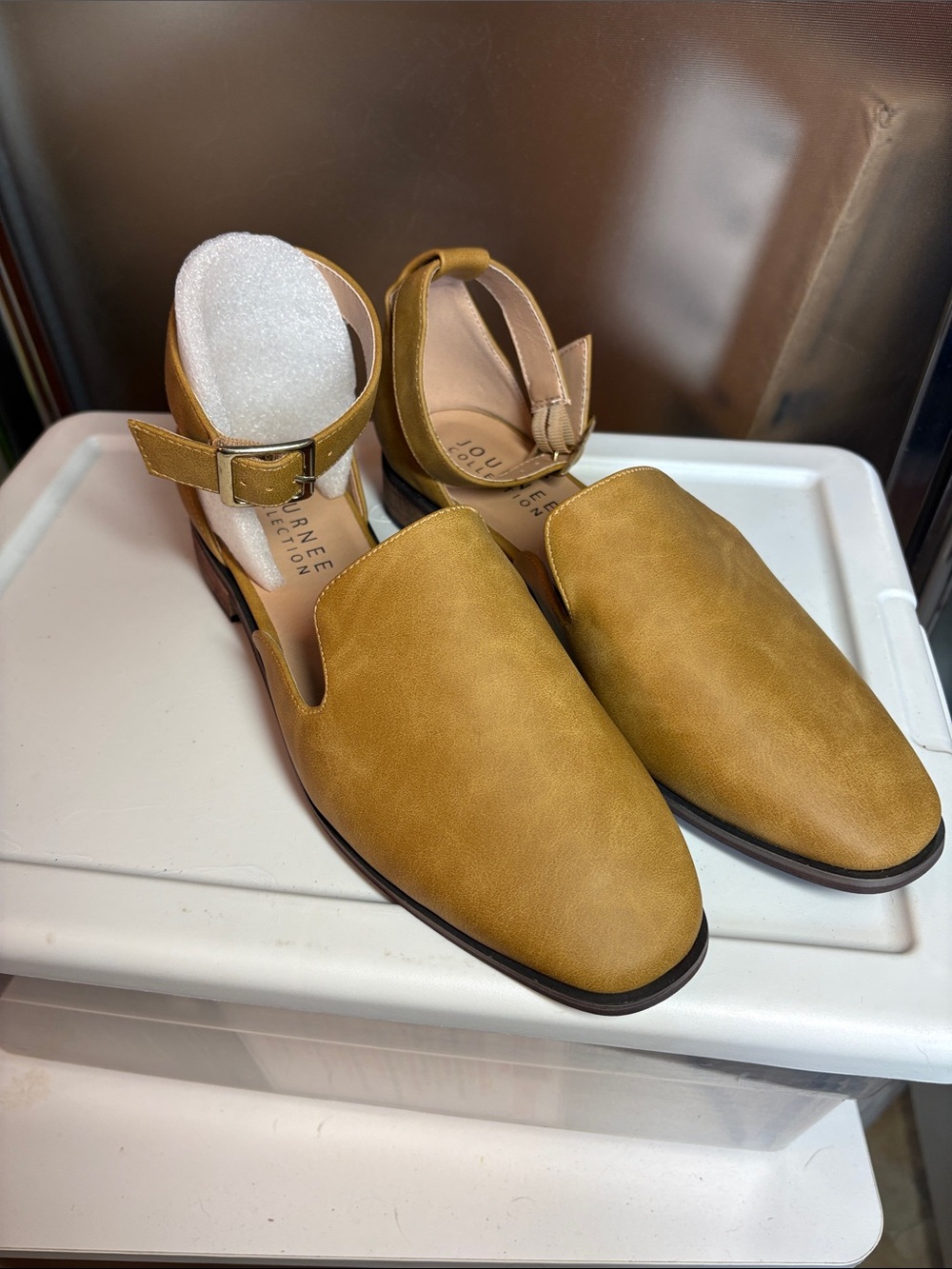 Journee Collection Mustard Tan Ankle Strap Loafers
